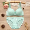 Bras Sets Womens Swt Wireless Bra Lace Bow Underwear Set Brewable Small-thorn top Top Womens Underwear Set Y240513