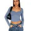 Y2K New Sexy Square Neck T-shirt Women's Autumn Long sleeved Short BM Top Spicy Girl Open Navel Knit F51423