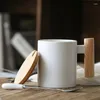 Mokken 400 ml Japan Style houten handvat koffie mok keramische watercup met bamboe deksel ontbijt melkbeker heeft lepel zwarte witte kleuren