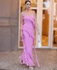 Vintage długie różowe szyfonowe sukienki wieczorne z falbanami Spaghetti V-decle Kostka długość Formalna okazja Suknie imprezowe