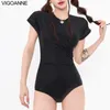 Frauen Badebekleidung Vigoanne 2024 Solid Short Sleeve Women Push Up One Piece Badeanzug Koreanisch geschlossen Monokini Rückenloser Hohlbadeanzug