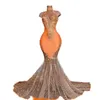 Black Girls Orange Mermaid Prom Dreess 2023 Satin Beading Squined High Neck Feathers 고급 스커트 이브닝 파티 공식 가운 Wome 235u