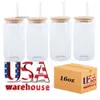 USA CA Stock 16oz Sublimation Glass Mugs Water Bottles Cup Blanks With Bamboo Lid Frosted Beer Can Glasögon Tumbler Mason Jar Plastic Strå JY31 0514