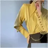 Blouses voor dames shirts dames mode elegant satijnen groot punt kraag lange mouw veergele drape knop top casual forens dhzc9