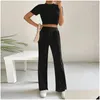 Women'S Pants Capris Womens Two Piece Set Short Sleeve Bodycon Crop Tops High Waist Wide Leg Fall Casual Streetwear Suit Women Dro Dhm5Y