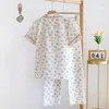 Home Clothing Summer Damen Set Cotton Crepe Kurzarm Shirt Hosen zweiteilige dünne Blumen -Hauswear -Nachtwege Pyjama