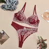 Bras Sets Wine Red Lingerie Ensemble sexy à la broderie transparente Femmes Transparent Panty 2 Pieces Mesh Tenue érotique