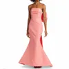 Elegante lange strapless roze avondjurken met boog zeemeermin Taffeta geplooide watteau trein ritssluiting terug prom jurken geplooid voor vrouwen