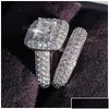 Alyans Alyanslar Vecalon 188pcs Topaz Simed Diamond CZ 14KT Beyaz Altın Dolgulu 3'ü 1 arada Nişan Bant Yüzük Seti Kadınlar için Dhwmy