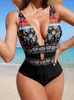 Женские купальники Peachtan Black One Piece Swimsuit For Women Vintage v Neck Beach Bikini костюм сексуальное купание 2024