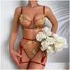 Bras Sets Sexy Bra And Thong Perspective Pastoral Floral Garter With Leg Ring Three-Piece Lingerie Set Rims Embroidery 2023 Drop Del Dhe0S