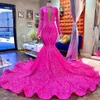 2023 Fuchsia Mermaid Long Prom Dresses African Black Girl Long Mouwen Sparkly Pailly Lace Luxury Party Evening Jurk BC15052 GW0210 230F