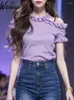 Women's Blouses Purple Shoulder Lace Shirts French Cute Versatile Tops Unique And Beautiful Short Sleeves This Year Small