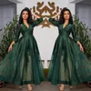 Dark Green V Neck Satin Evening Dresses Long Sleeves Tulle Lace Applique Ruched Ankle Length Prom Formal Wear Party Gowns 191c