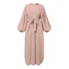 Casual Dresses Autumn Puff Sleeve Muslim Dress Women Abaya Kaftans Evening Woman Dubai Islam Long Robe Islamiska kläder