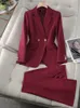 Hoogwaardige blauw rood zwart witte dames broekpak vrouwen vrouwelijk zakelijk werk dragen een solide jas en brozerblazer 2 -delige set 240514