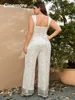 Cinemore Chic et Elegant Women Jumpsuit Plus Size Sequin Mesh Pantalon de jambe Deep V Neck Sexy Sexy Cami Robe Prom BodySuit 240506