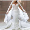 Luxurious Plus Size Sparkly Bridal Gowns With Veil Beads Appliques Sheer Sleeves Pearls Crystals Wedding Dress Vestido De Novia
