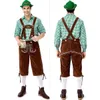 Traditional German Beer Bavarian Men's Oktoberfest Costume 3 Piece Plaid Shirt & Brown Overalls Cap