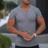Men V Neck Short Sleeve T-shirt Slim Fit Sports Strips T-shirt Male Solid Fashion Tees Tops Summer Sticked Gym Fitness Clothing 240514