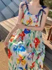 Casual klänningar kvinnor semester strandklänning sommar lös o-hals snörning mode söt blommig tryck bohemia lång h-line frock