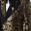 Szmanlizi Çift Göğüs Siyah Gold Jacquard Ultra İnce Fit Erkek Seti Düğün Damat Gibi Partisi Ceket Pantolon Terno Maskulino 240506