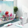 Shower Curtains Flower Green Leaf Hand Painted Floral Non-Slip Flannel Rug Toilet Cover Bath Mat Indoor Home Decor Bathroom Set