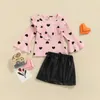 Roupas Conjuntos de 2-6 anos de menina de duas peças Padrão de coração Ruffle Bufleado de manga comprida no pescoço redondo Tops mini-saia