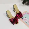 Kadınlar 2024 Orijinal Deri Rhinestone 6cm Topuklu Sandallar Yaz Flip-Flops Slip Slip-On Gelinlik Gladyatör Ayakkabı Renkli Elmas 3D Çiçek Boyutu 35-43 SA