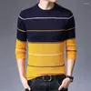 メンズセーター韓国衣類男性カジュアルストライプセーター春秋ファッション基本的な多目的スリム長袖ボトムプルオーバーニット