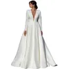 Backless Sexig Sheer A Line Wedding Dresses Deep V-ringen enkel vit elfenben Satin brudklänningar Långärmare Kvinnor Formell festevenemangsklänning