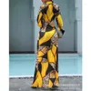 Robes décontractées Femmes Elegant Long Mancheve Top Bown Folds Folds Slit Floor Longueur Robe Imprimer Colorlock Twisted