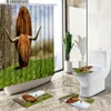 Shower Curtains Highland Cow Autumn Country Retro Old Wooden Farmhouse Barn Scenery Non-Slip Carpet Toilet Cover Floor Mat Sets