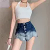 Damen-Shorts-Gradientenfarbe blau Welle geschnitten Denim Frauen hohe Taille 2024 Sommer Beach Girls Jeans Single-Breasted