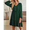 Casual Dresses Autumn Winter Long Sleeve Dress Women V-ringen Front Button Frill Trim Ruffle Hem Solid A-Line Gress ljusblå