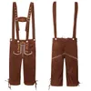 Traditional German Beer Bavarian Men's Oktoberfest Costume 3 Piece Plaid Shirt & Brown Overalls Cap