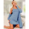 Moda 2024 Primavera e outono Vestido de dormir sólido com tiras suspensas e roupas de manga longa de duas peças roupas casuais para mulheres 42uxj