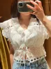 Women's Blouses Women Hollow Out Embroidered Sweet Set Ruffle Edge Lace Up Sleeveless Top Single-Breasted Shirt Or High Waist Layered Skirt