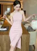 Casual Dresses Summer Women Midi Dress Elegant Sexy Pink Black Halter Beading Off Shoulder Sleeveless Bodycon Slit Gown Evening Party