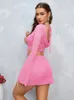 Casual Dresses Asia Summer Mesh Long Sleeve Solid 2 Piece Set Women Sexy Backless Sequins Crop Top And Mini Skirt Sets Party Matching Female