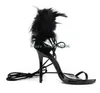 Dress Shoes Open Toe Single Strap Thin High Heel Sandals Black Feather Show Elegant Banquet Women Leather Ankle2546248