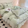 Koreaanse seersucker beddengoed set prinses meisjes kanten gegolfde boog dekbedoverdeksel dubbele bedden gewassen katoen twin queen quilt 240510