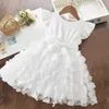 Robes de fille Summer 3D Fleur Fleur Souilles volantes Robe Toddler Kids Birthday Party Tutu Princess Robe Baby Baby Girls Vêtements 1 à 5 ans Y240514