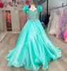 Sıcak Pembe Kız Pageant Elbise Gençler Metalik Organza Küçük Kid Prenses Doğum Günü Resmi Parti Preteens Tinik Genç Junior Miss Çiçek Nane fırfır kollu