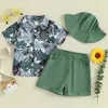 Kledingsets 1-4-jarige baby jongens 3-delige set knop Down Flower Print Tops + Elastische taille shorts + hoed baby peuter jongens zomer outfits