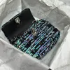 24C Classic Mini Flap Blue Purple Sequins Cosmetic Case Vanity Bags Turn Bucklet Silver Chain Crossbody Handbags Fannny Pack Waist Chest Shimmer Glitter Purse 14CM