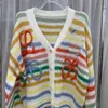 Women rainbow gradient color stripe logo letter embroidery single breasted v-neck loose knitted sweater cardigan SML