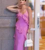 Vintage Long Pink Chiffon Abendkleider mit Rüschenscheide Spaghetti V-Neck-Knöchel Länge formelle Anlass-Prom-Partykleider