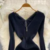 Casual Dresses Sexy Long Sleeve Fall Black Sweater Dress Women's V-neck Backless Waist Tight Knit Elastic Bodycon Knitted Autumn