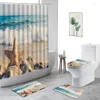 シャワーカーテンビーチシェナリーカーテンシェルフィッシュシェルストーンタワー3D背景バスルーム装飾セットノンスリップバスマットトイレカバー